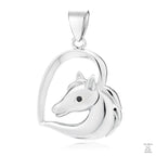 A silver pendant in the shape of a horse's head, with a black zirconia gemstone in the center, designed to be attached to a chain.