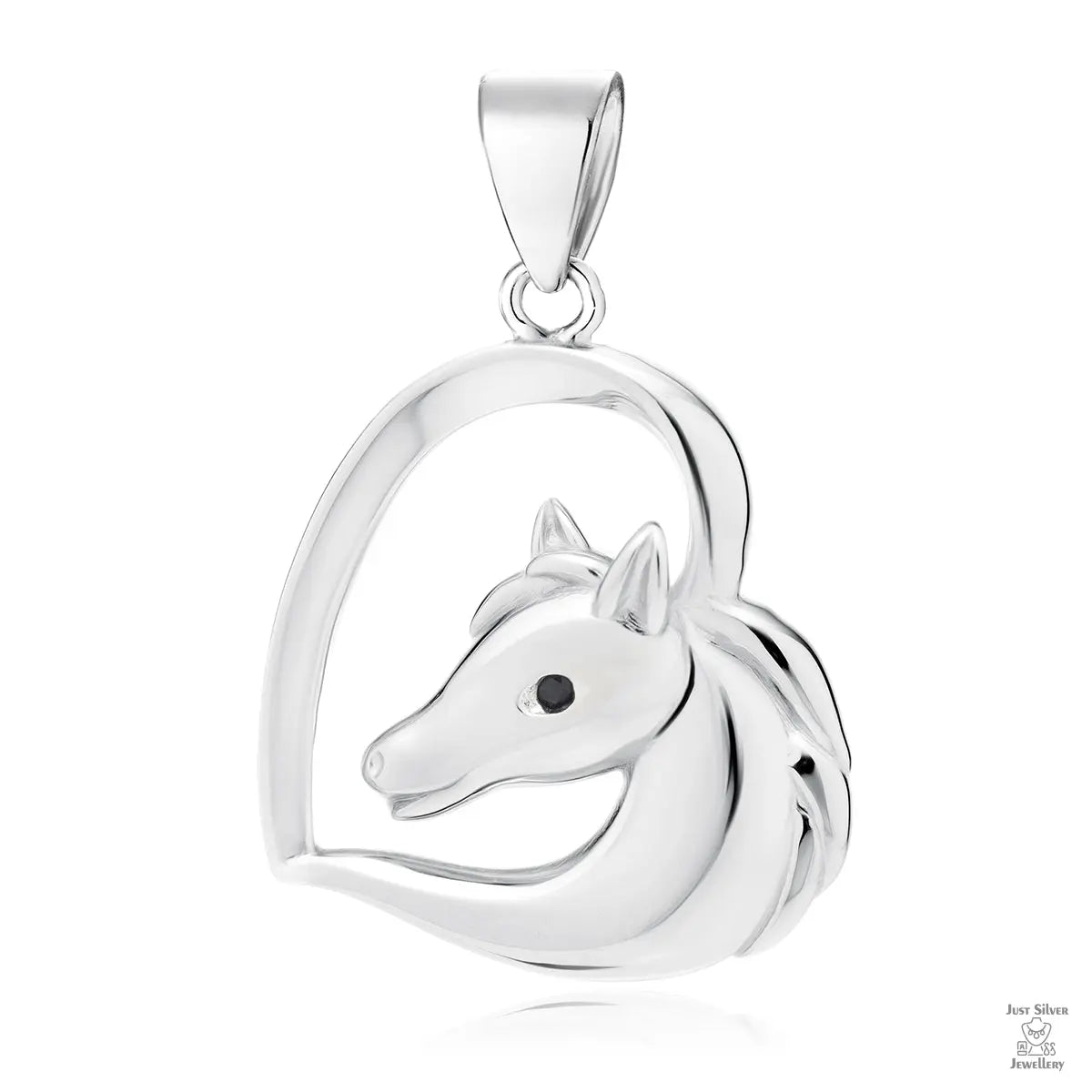 A silver pendant in the shape of a horse's head, with a black zirconia gemstone in the center, designed to be attached to a chain.