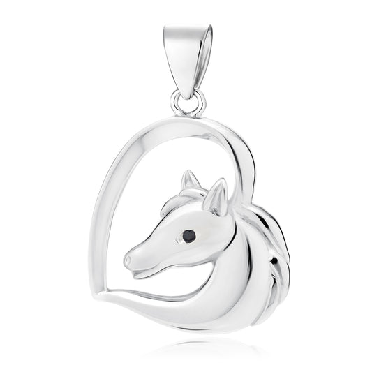A silver pendant in the shape of a horse's head, with a black zirconia gemstone in the center, designed to be attached to a chain.