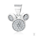 A silver pendant in the shape of a mouse with clusters of white zirconia gems covering the body and parts of the face.