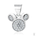 A silver pendant in the shape of a mouse with clusters of white zirconia gems covering the body and parts of the face.