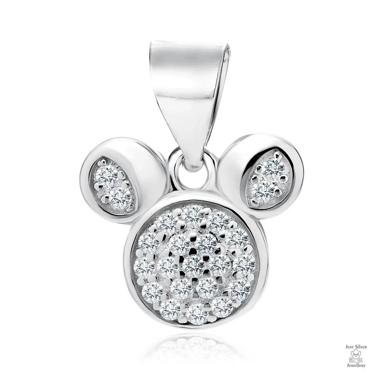 A silver pendant in the shape of a mouse with clusters of white zirconia gems covering the body and parts of the face.