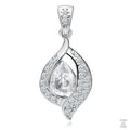 A silver teardrop-shaped pendant with white zirconia gems surrounding a central stone, attached to a small silver chain.