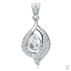A silver teardrop-shaped pendant with white zirconia gems surrounding a central stone, attached to a small silver chain.