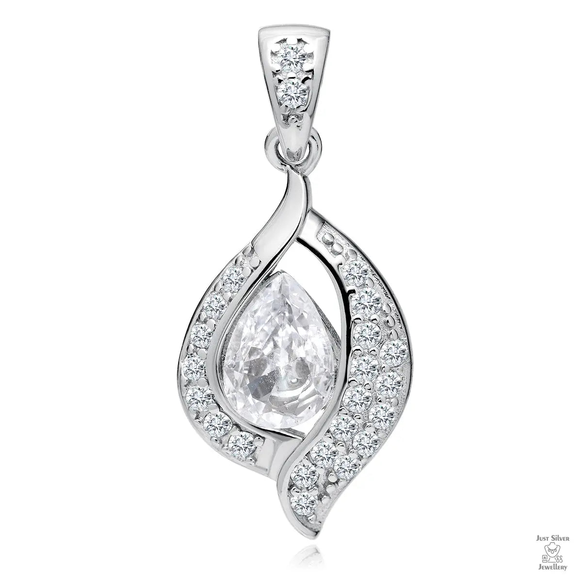A silver teardrop-shaped pendant with white zirconia gems surrounding a central stone, attached to a small silver chain.