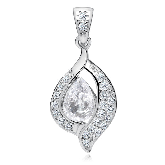 A silver teardrop-shaped pendant with white zirconia gems surrounding a central stone, attached to a small silver chain.