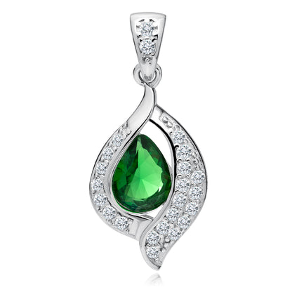 A silver pendant with a teardrop-shaped green emerald zirconia in the center, surrounded by white zirconia gems, attached to a white silver chain.