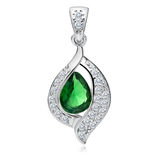 A silver pendant with a teardrop-shaped green emerald zirconia in the center, surrounded by white zirconia gems, attached to a white silver chain.