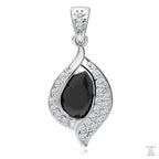 A silver teardrop-shaped pendant with black zirconia in the center and surrounded by white zirconia gems, suspended from a silver chain.