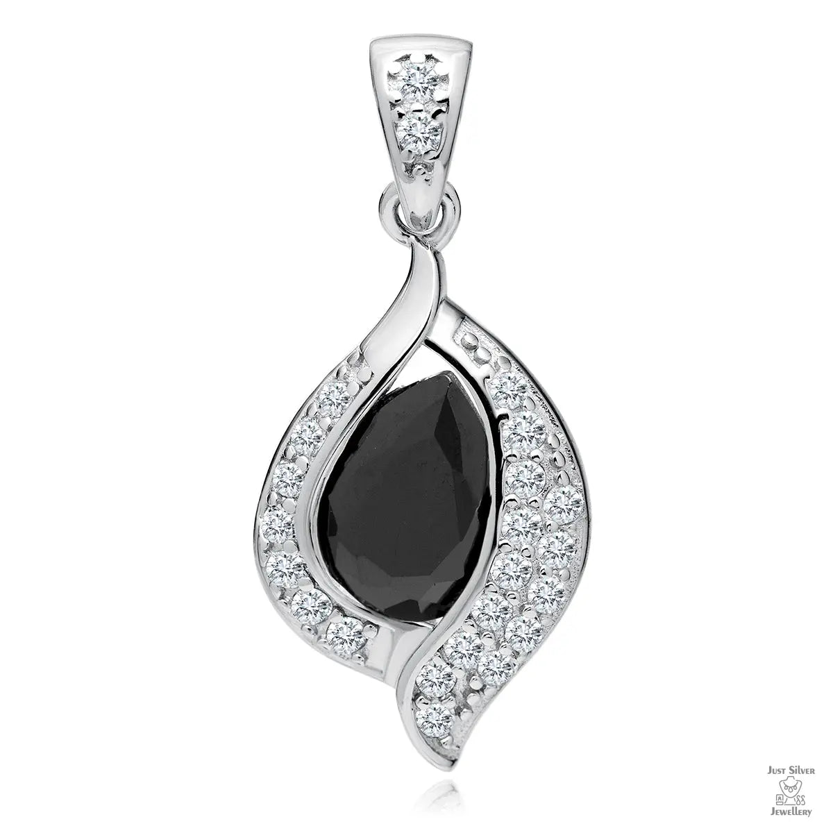 A silver teardrop-shaped pendant with black zirconia in the center and surrounded by white zirconia gems, suspended from a silver chain.