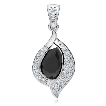 A silver teardrop-shaped pendant with black zirconia in the center and surrounded by white zirconia gems, suspended from a silver chain.
