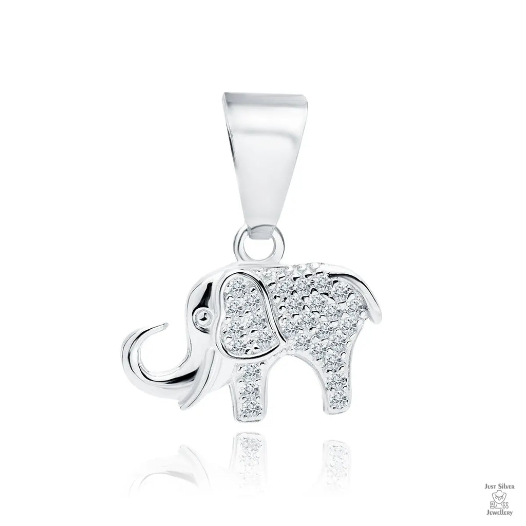 A silver pendant in the shape of an elephant adorned with white zirconia gemstones.