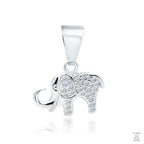 A silver pendant in the shape of an elephant adorned with white zirconia gemstones.