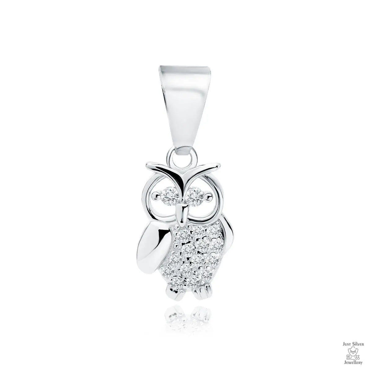 A silver pendant in the shape of an owl adorned with white zirconia gemstones.