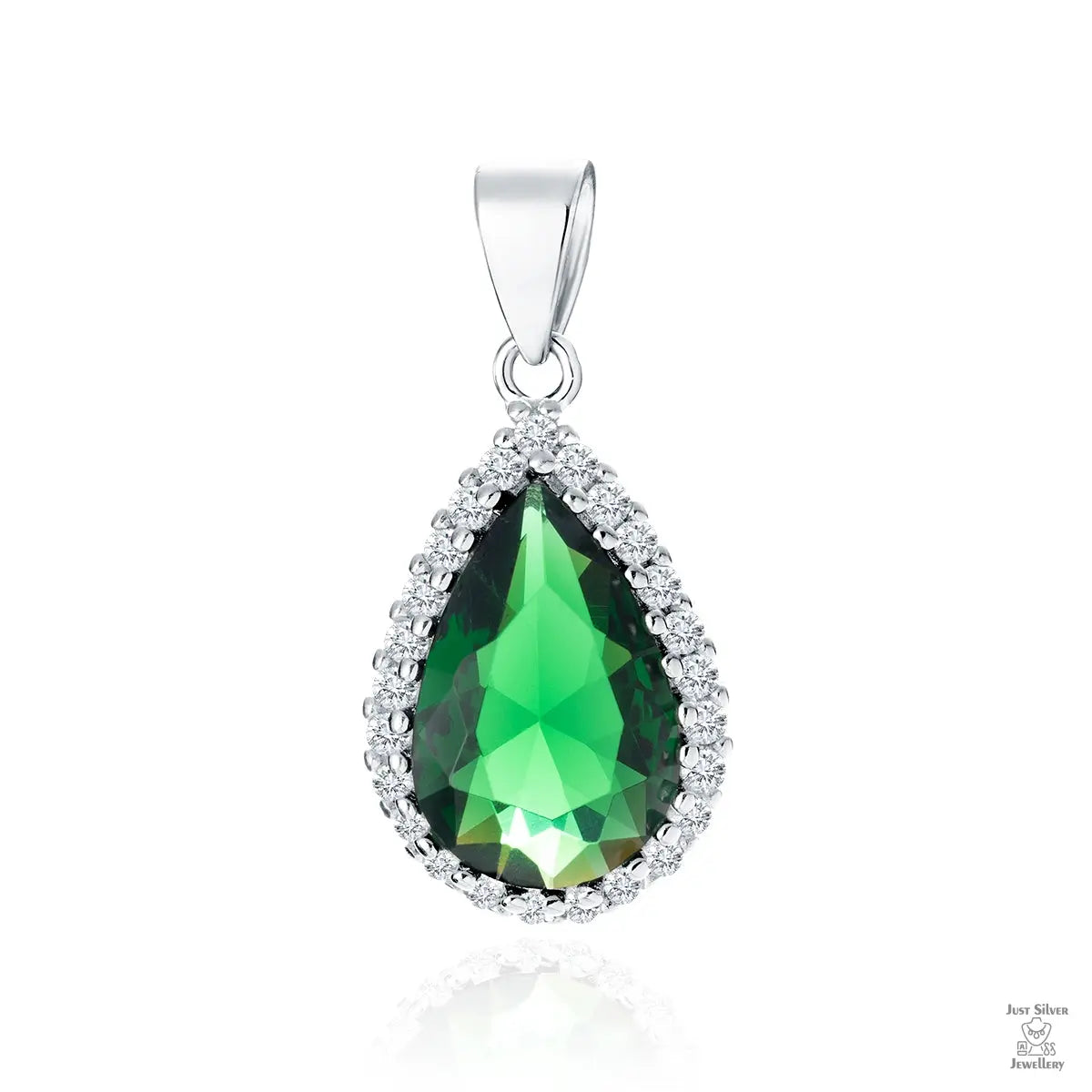 A silver pendant with a pear-shaped emerald zirconia centerpiece surrounded by white zirconia stones.