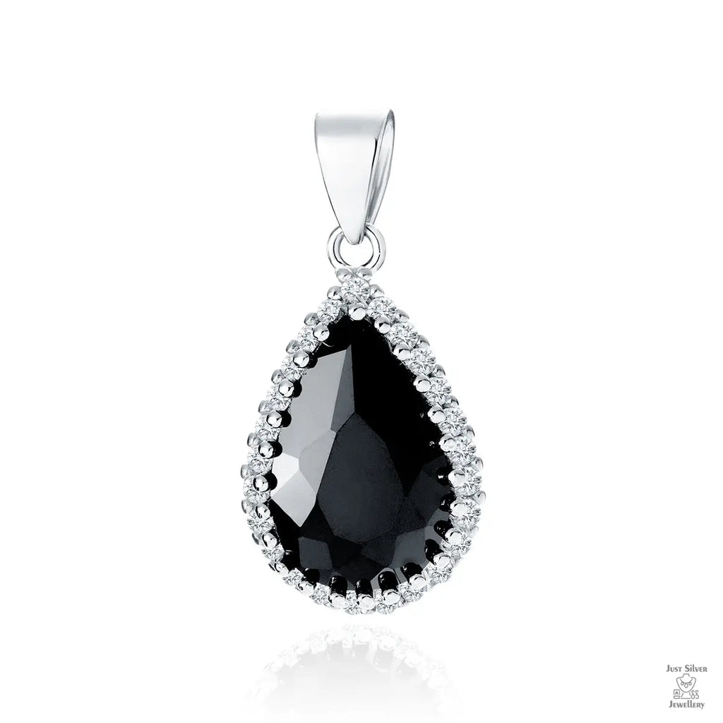 A silver pendant with a pear cut black zirconia in the center and white zirconia around it, suspended from a silver loop.