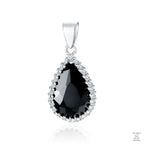 A silver pendant with a pear cut black zirconia in the center and white zirconia around it, suspended from a silver loop.
