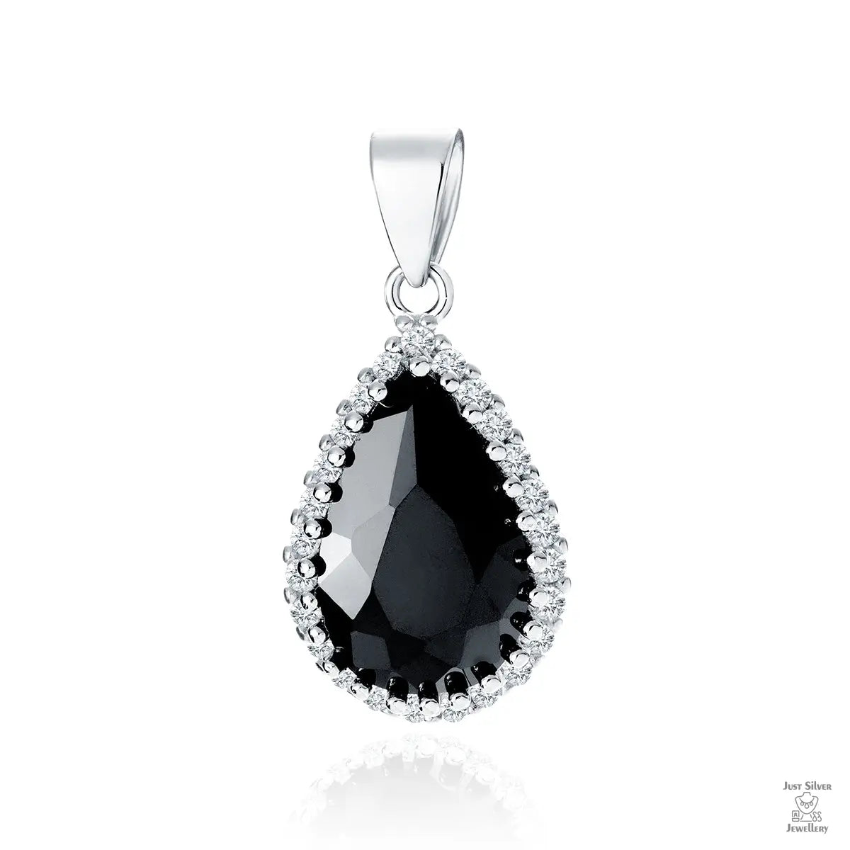A silver pendant with a pear cut black zirconia in the center and white zirconia around it, suspended from a silver loop.