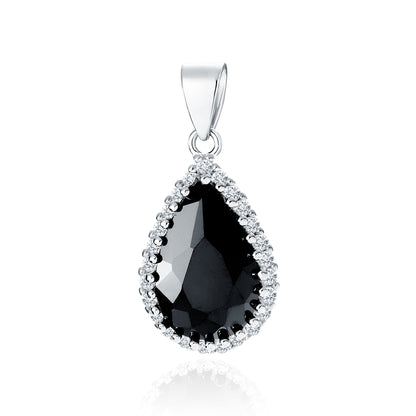 A silver pendant with a pear cut black zirconia in the center and white zirconia around it, suspended from a silver loop.