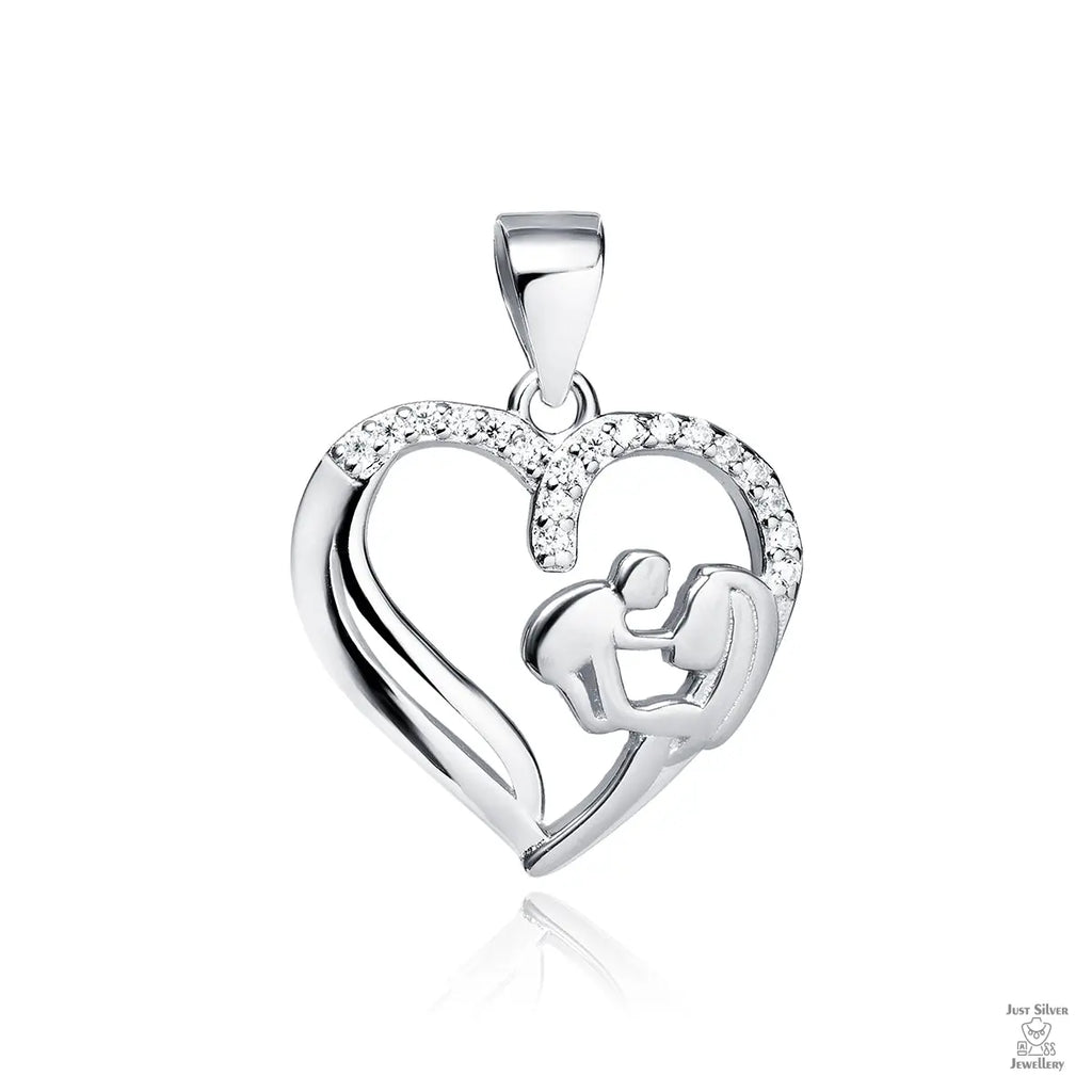 A silver pendant featuring a heart shape with a mother and child design, adorned with white zirconia.
