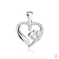 A silver pendant featuring a heart shape with a mother and child design, adorned with white zirconia.