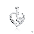 A silver pendant featuring a heart shape with a mother and child design, adorned with white zirconia.
