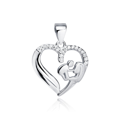 A silver pendant featuring a heart shape with a mother and child design, adorned with white zirconia.