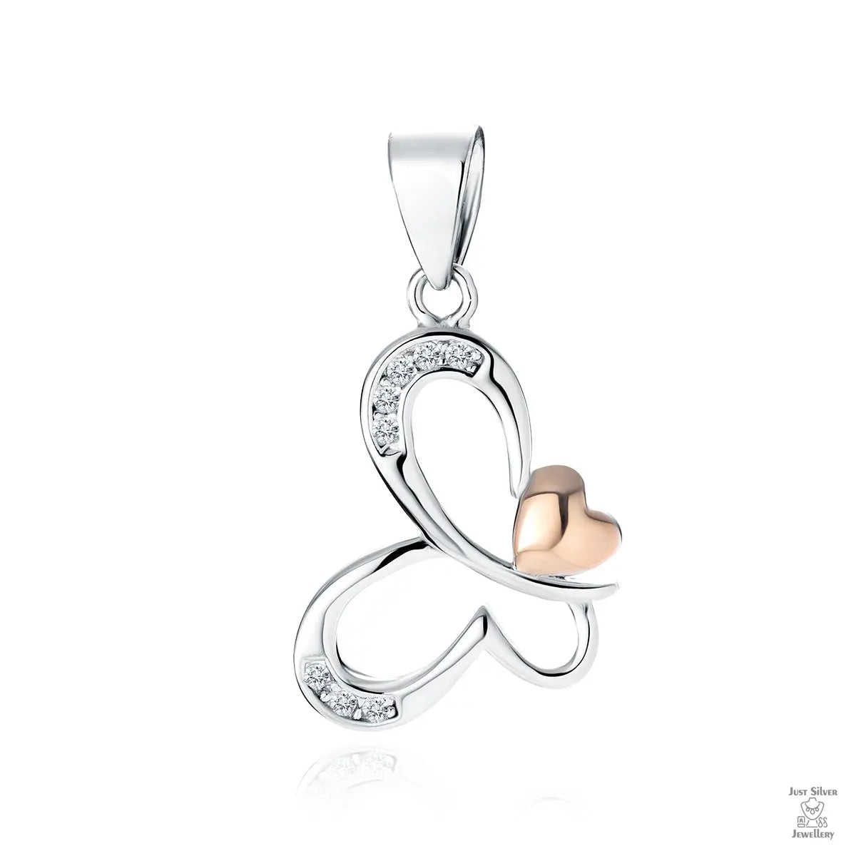 A silver pendant in the shape of a butterfly with a rose-gold plated heart and zirconia adorning the wings.