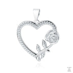 A silver pendant featuring a heart shape with a rose design on the right side, adorned with white zirconia.