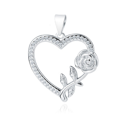 A silver pendant featuring a heart shape with a rose design on the right side, adorned with white zirconia.
