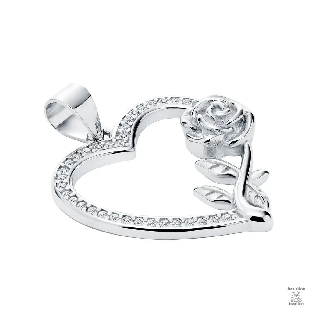 Silver Heart & Rose White Zirconia pendant Just Silver Jewellery