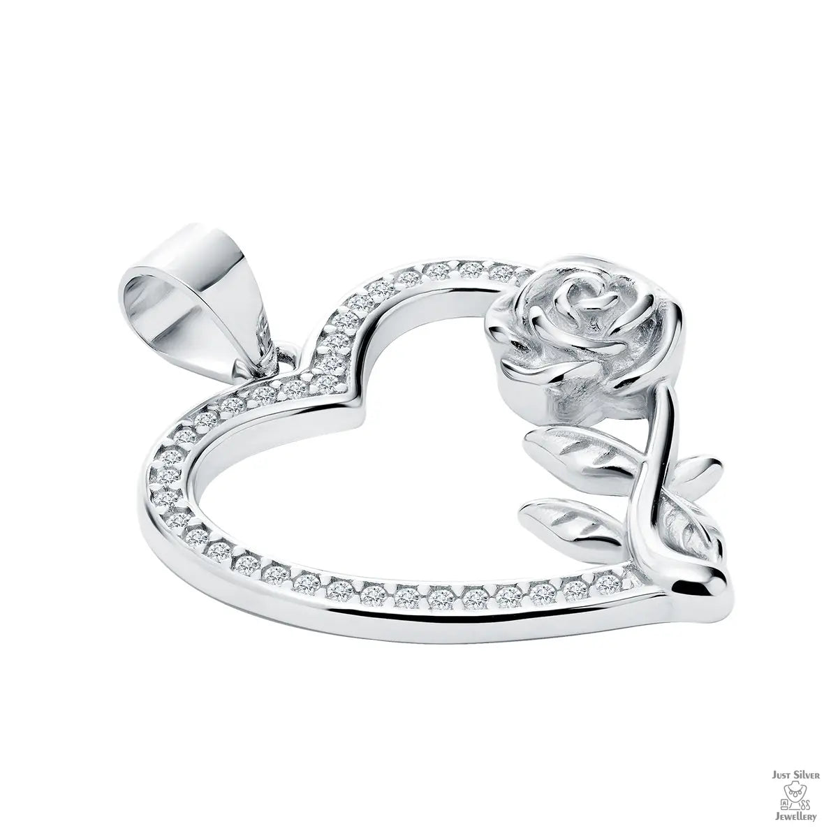 Silver Heart & Rose White Zirconia pendant Just Silver Jewellery