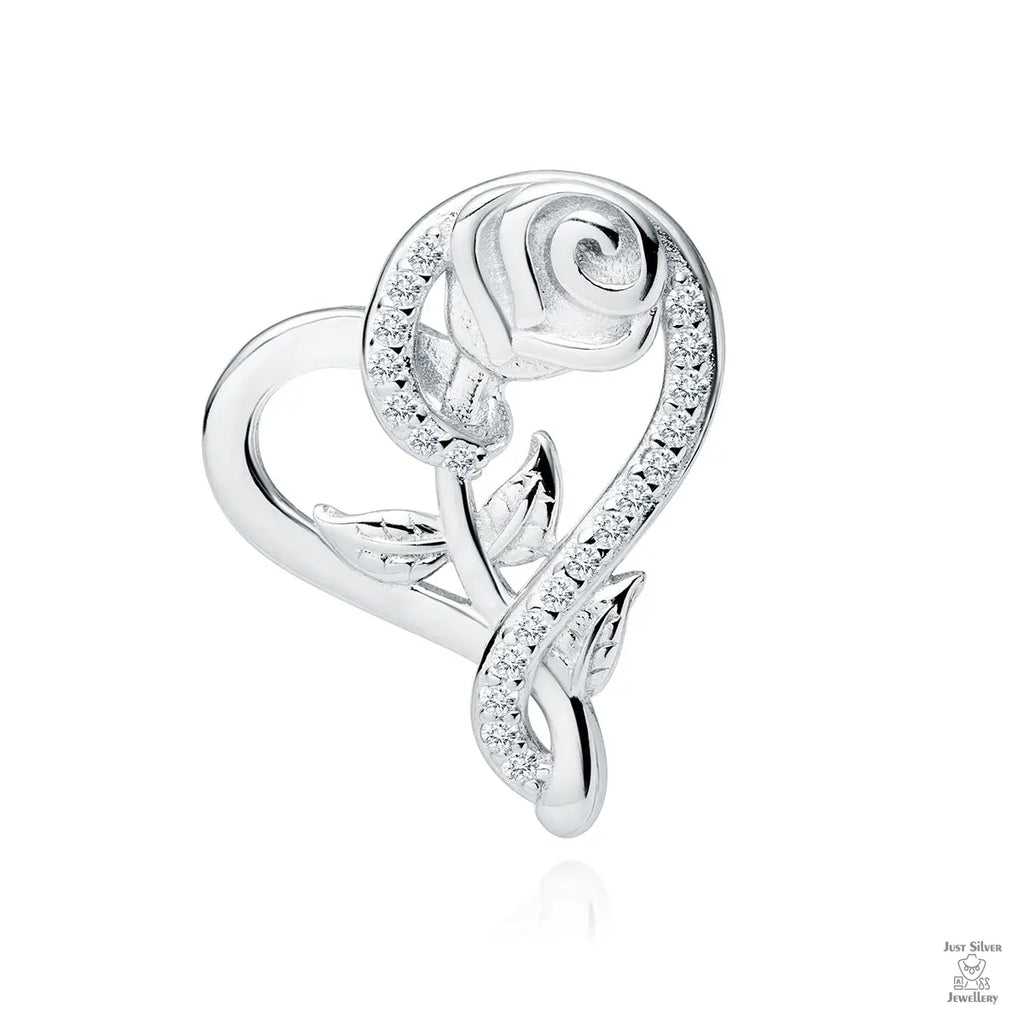 A silver pendant featuring a rose and heart design adorned with zirconia stones.