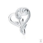 A silver pendant featuring a rose and heart design adorned with zirconia stones.