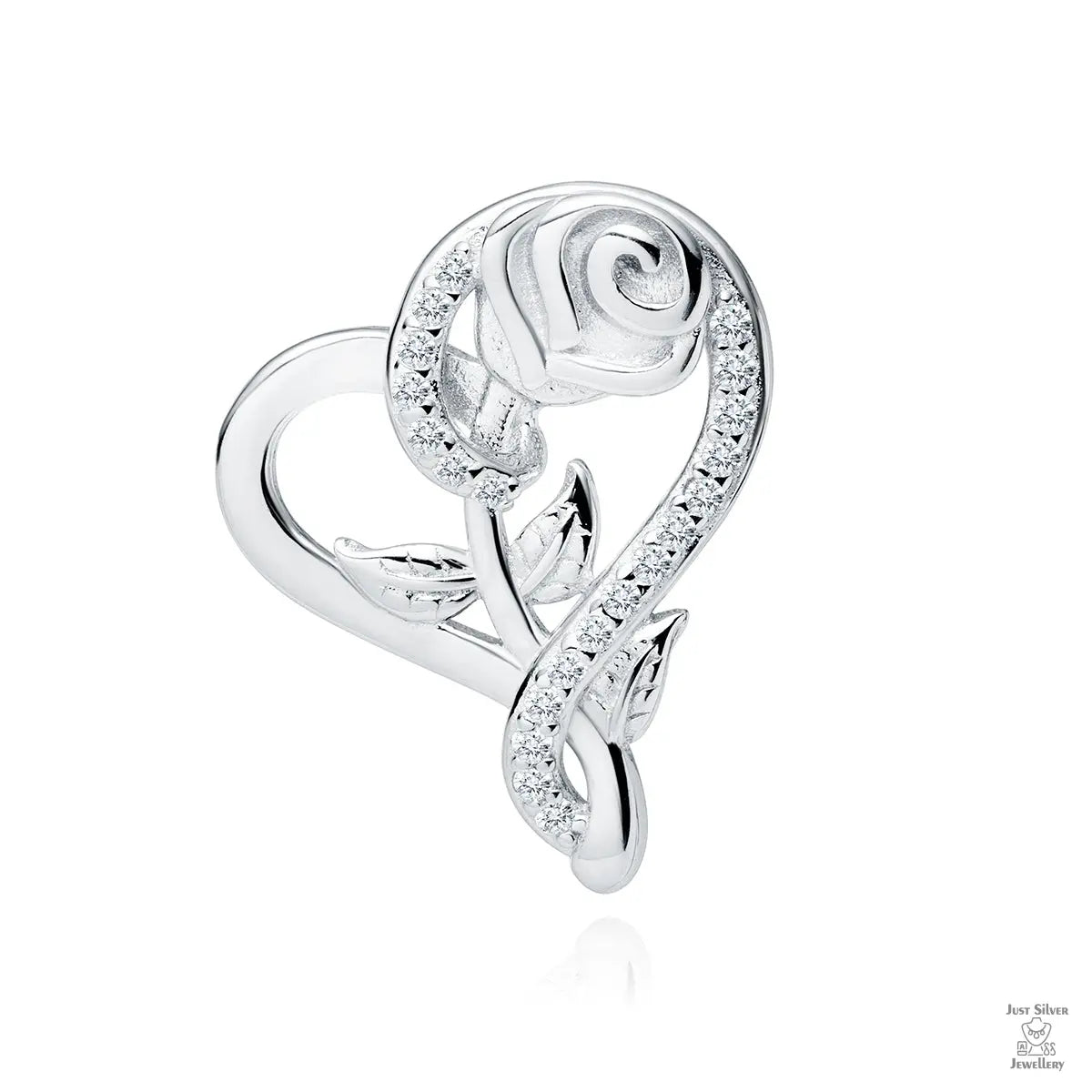 A silver pendant featuring a rose and heart design adorned with zirconia stones.