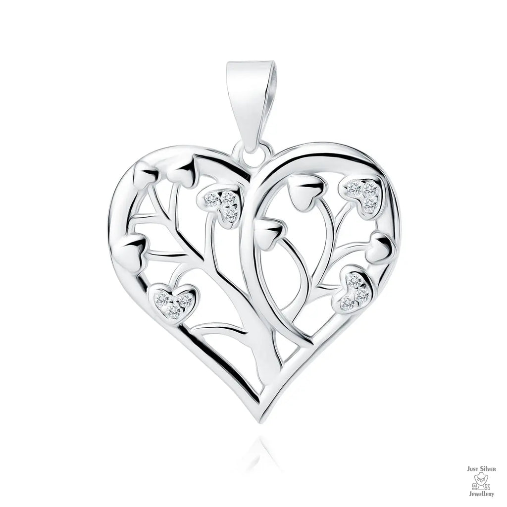 A silver pendant in the shape of a heart with a tree design and white zirconia gemstones.