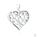 A silver pendant in the shape of a heart with a tree design and white zirconia gemstones.