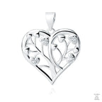 A silver pendant in the shape of a heart with a tree design and white zirconia gemstones.