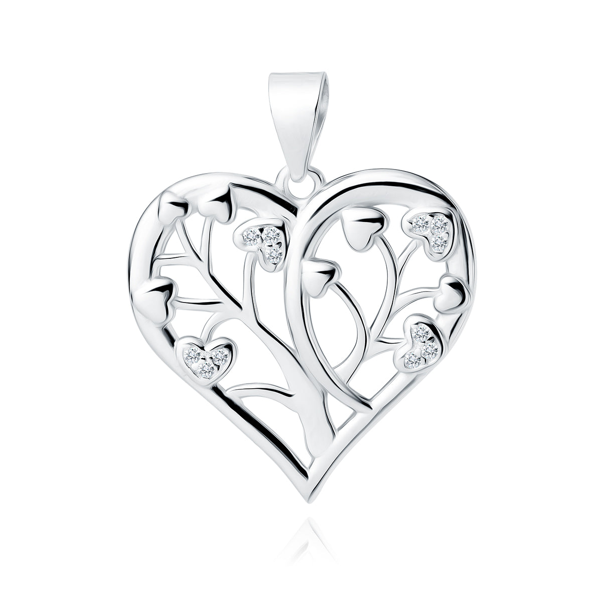 A silver pendant in the shape of a heart with a tree design and white zirconia gemstones.