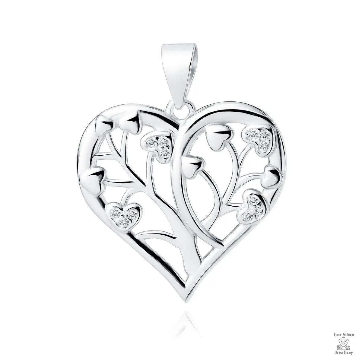 A silver pendant in the shape of a heart with a tree design and white zirconia gemstones.