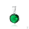 A silver pendant with a round emerald zirconia centerpiece, displayed against a white background