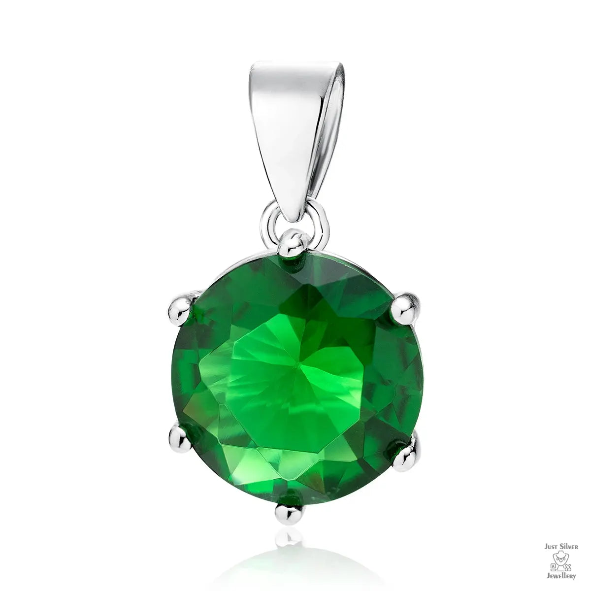 Silver single round Emerald Zirconia pendant Just Silver Jewellery