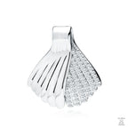A silver pendant in the shape of a mermaid tail with white zirconia stones.