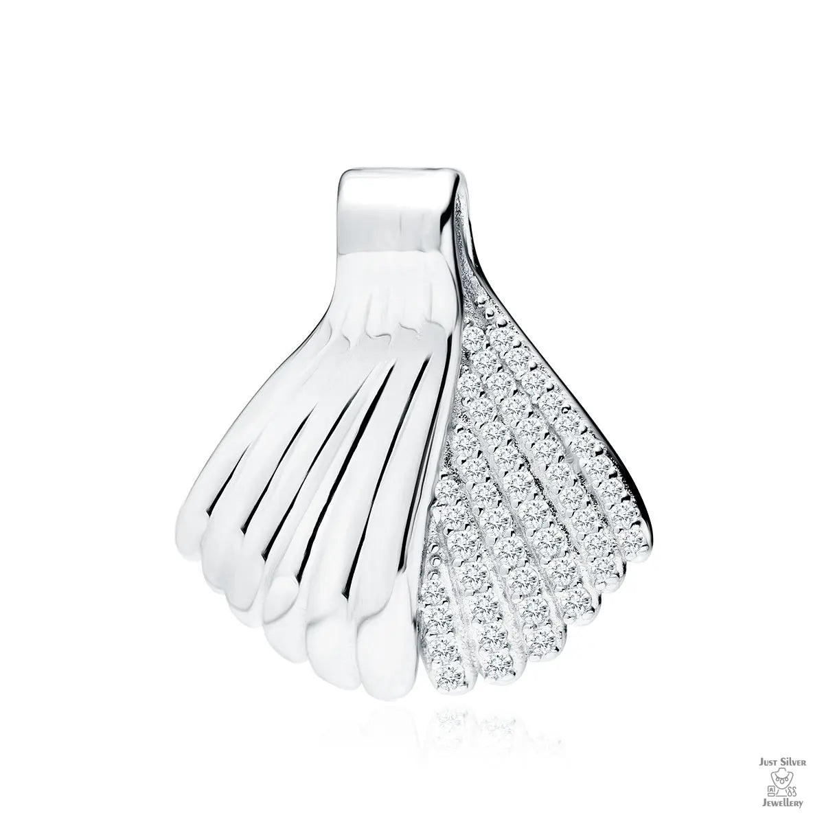 A silver pendant in the shape of a mermaid tail with white zirconia stones.