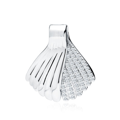 A silver pendant in the shape of a mermaid tail with white zirconia stones.