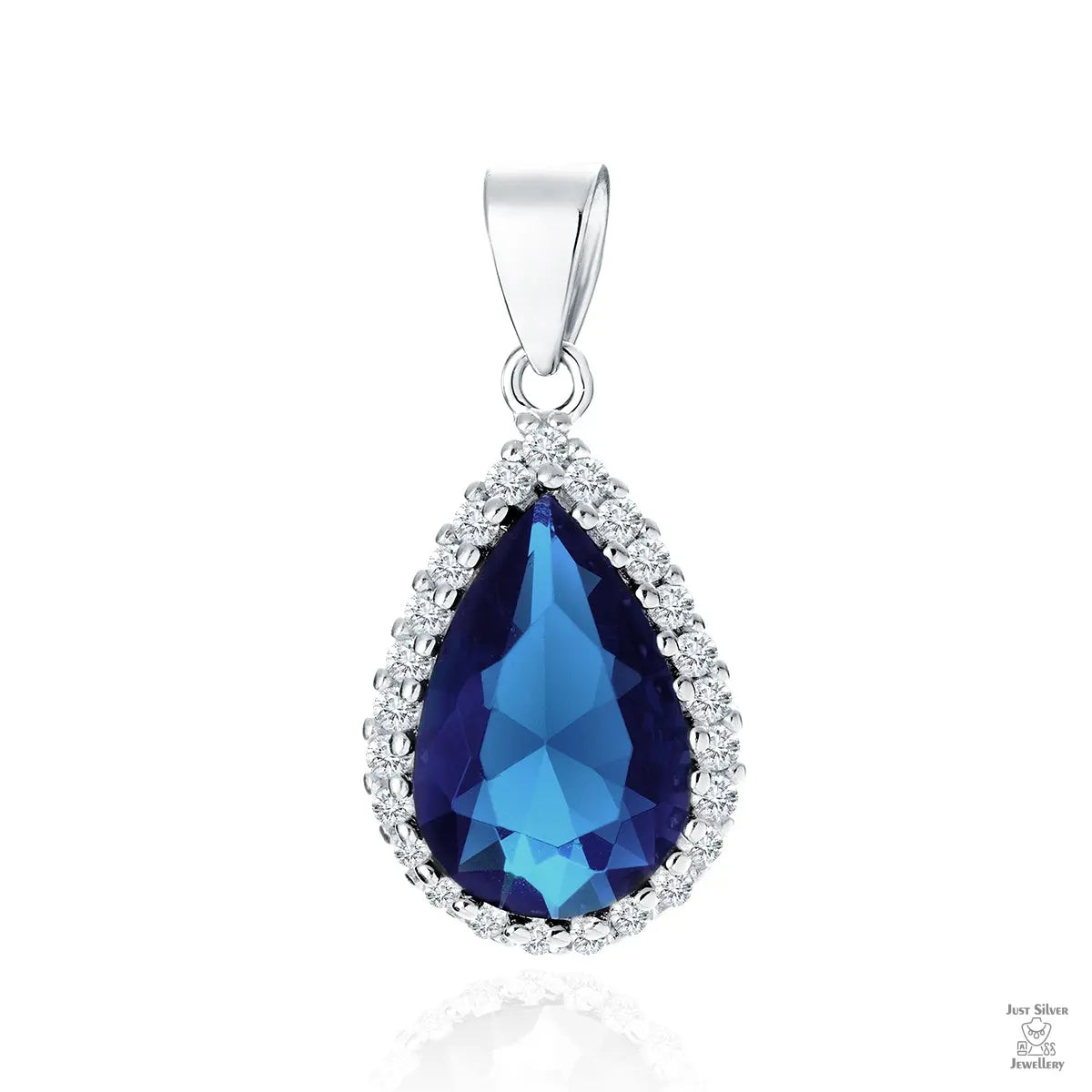 A silver pendant with a pear-cut blue sapphire zirconia in the center, surrounded by white zirconia gems.
