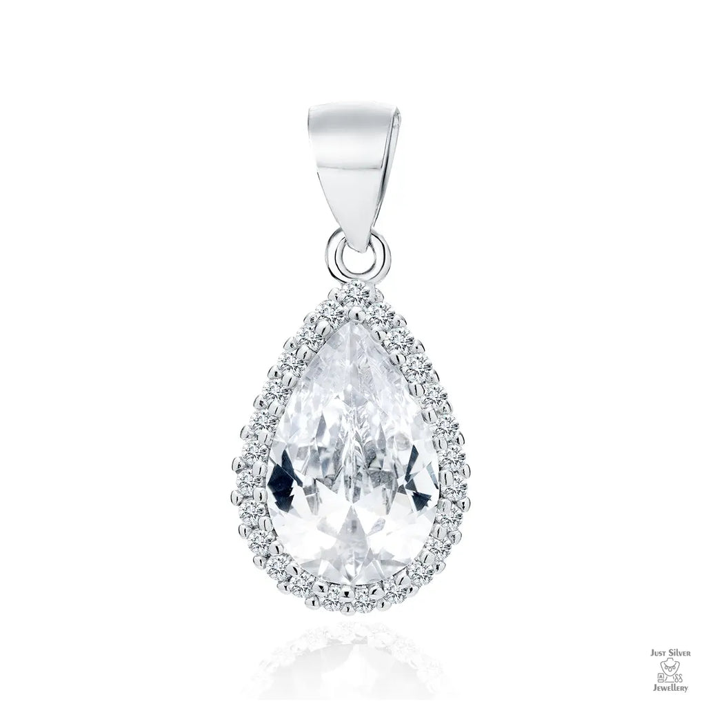 A silver pendant with a pear cut white zirconia centerpiece and a circle of smaller white zirconia gems around it.