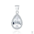A silver pendant with a pear cut white zirconia centerpiece and a circle of smaller white zirconia gems around it.