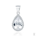 A silver pendant with a pear cut white zirconia centerpiece and a circle of smaller white zirconia gems around it.