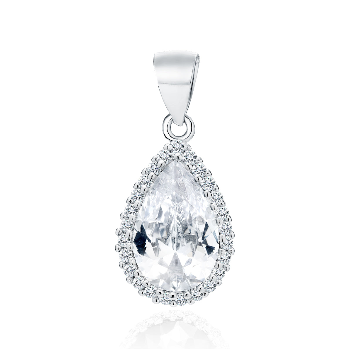 A silver pendant with a pear cut white zirconia centerpiece and a circle of smaller white zirconia gems around it.
